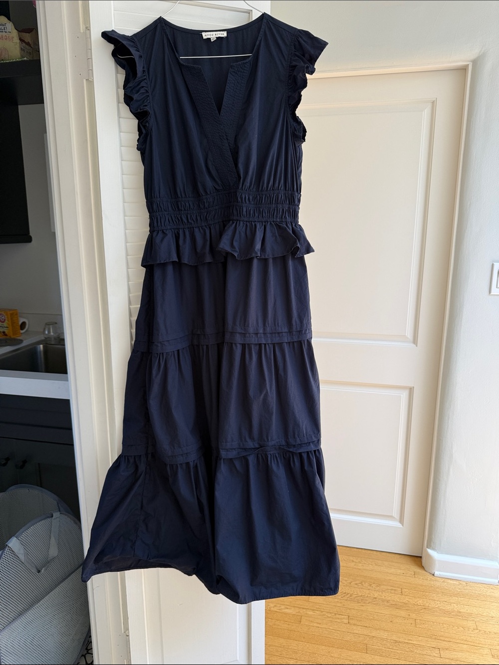 Moon River Navy Tiered Maxi Dress with Ruffle Details
